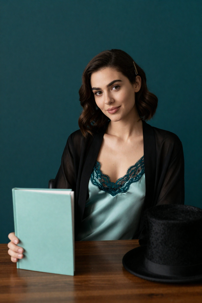 Fictional 26-year-old woman, dark auburn hair in soft waves pinned up with a plain clip, fair